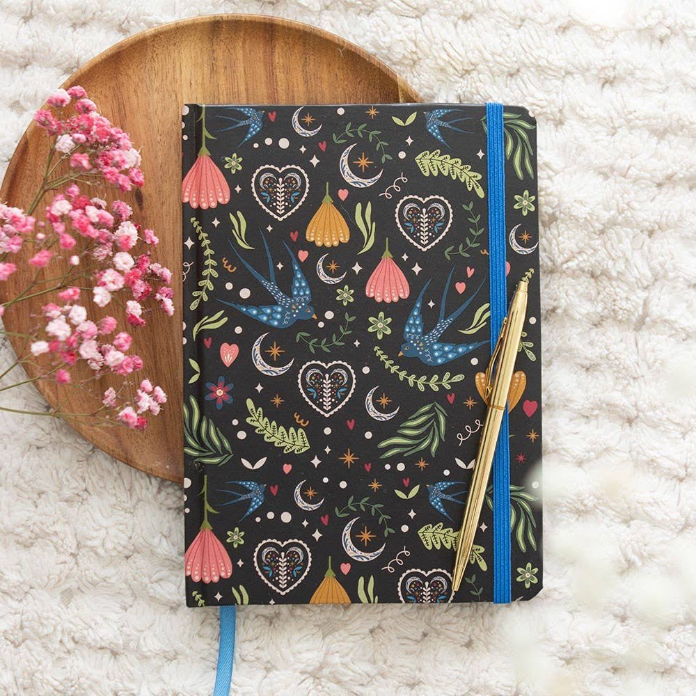 Midnight Bloom Folk Floral Print A5 Notebook