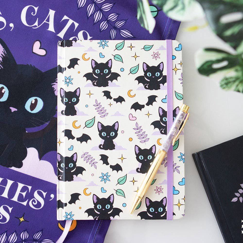 Cute and Creepy Black Cat Print A5 Notebook with Amethyst Pen